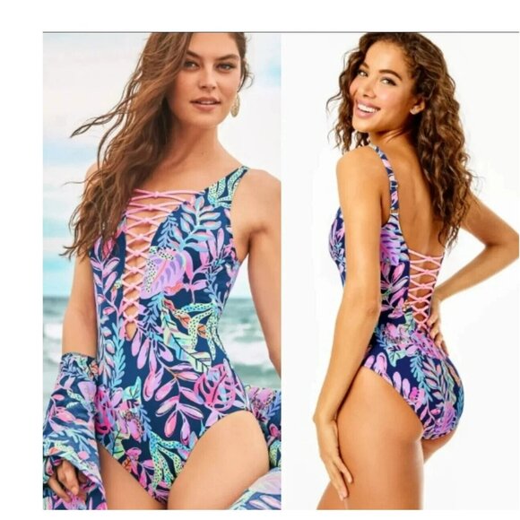 NEW Lilly Pulitzer Isle Lattice Oyster Bay One-Piece Swimsuit Women's Size 10 - Picture 1 of 2